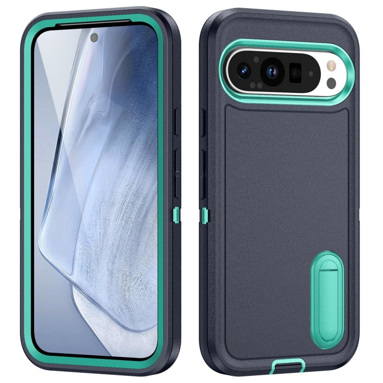 For Google Pixel 9 Rugged PC + Silicone Phone Case with Holder(Dark Blue+Light Green) - Google Cases by PMC TechLife | Online Shopping South Africa | PMC TechLife | Buy Now Pay Later Mobicred