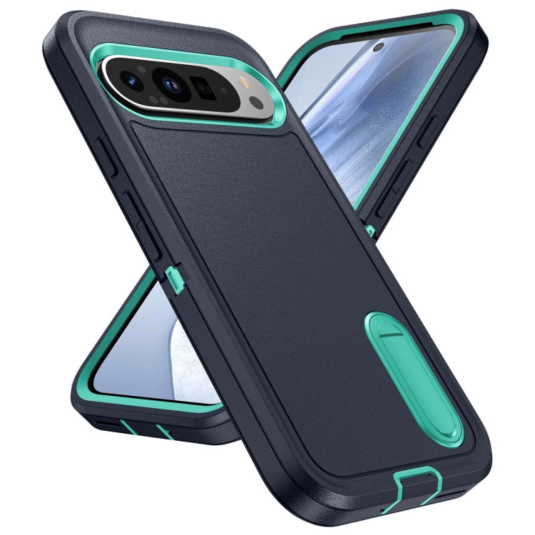 For Google Pixel 9 Rugged PC + Silicone Phone Case with Holder(Dark Blue+Light Green) - Google Cases by PMC TechLife | Online Shopping South Africa | PMC TechLife | Buy Now Pay Later Mobicred