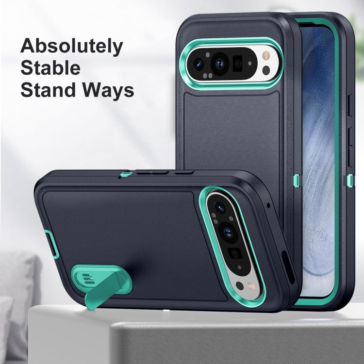 For Google Pixel 9 Rugged PC + Silicone Phone Case with Holder(Dark Blue+Light Green) - Google Cases by PMC TechLife | Online Shopping South Africa | PMC TechLife | Buy Now Pay Later Mobicred