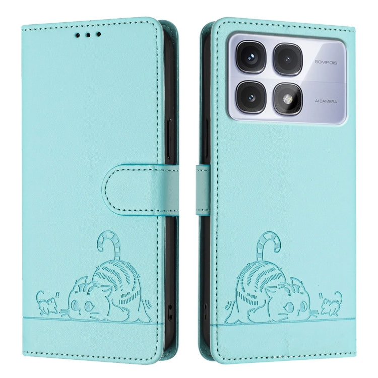 For Redmi K70 Ultra 5G Global Cat Rat Embossed Pattern RFID Leather Phone Case with Lanyard(Mint Green) - Xiaomi Cases by PMC Jewellery | Online Shopping South Africa | PMC Jewellery | Buy Now Pay Later Mobicred