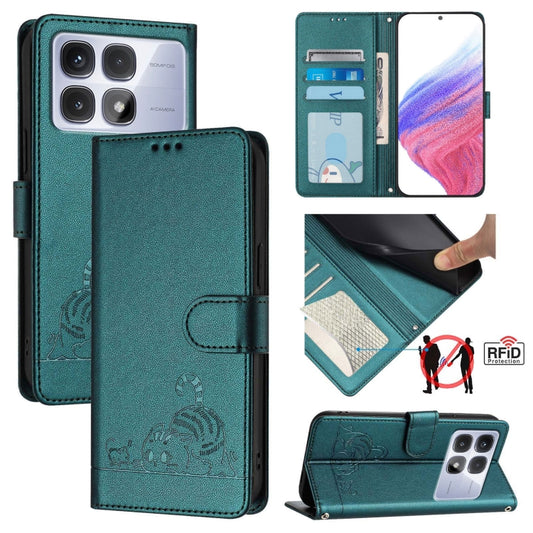 For Redmi K70 Ultra 5G Global Cat Rat Embossed Pattern RFID Leather Phone Case with Lanyard(Peacock Green) - Xiaomi Cases by PMC Jewellery | Online Shopping South Africa | PMC Jewellery | Buy Now Pay Later Mobicred