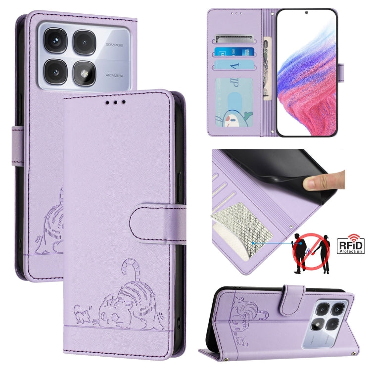 For Redmi K70 Ultra 5G Global Cat Rat Embossed Pattern RFID Leather Phone Case with Lanyard(Purple) - Xiaomi Cases by PMC Jewellery | Online Shopping South Africa | PMC Jewellery | Buy Now Pay Later Mobicred