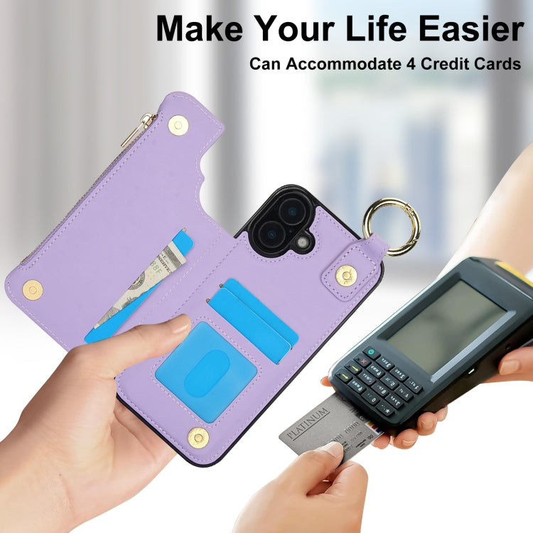 For iPhone 16 RFlD Anti-theft Double Buckle Ring Zipper Card Phone Case(Purple) - iPhone 16 Cases by PMC Jewellery | Online Shopping South Africa | PMC Jewellery | Buy Now Pay Later Mobicred