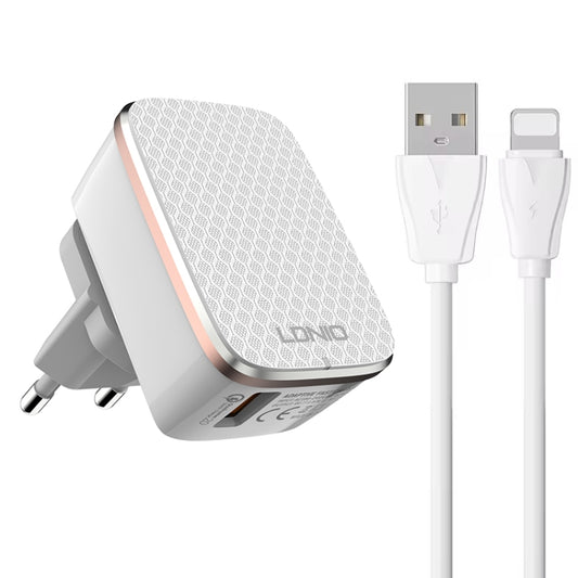 LDNIO A1204Q QC3.0 18W USB Fast Charger with 1m USB to 8 Pin Cable, Plug Type:EU Plug(White Gold) - USB Charger by LDNIO | Online Shopping South Africa | PMC Jewellery | Buy Now Pay Later Mobicred