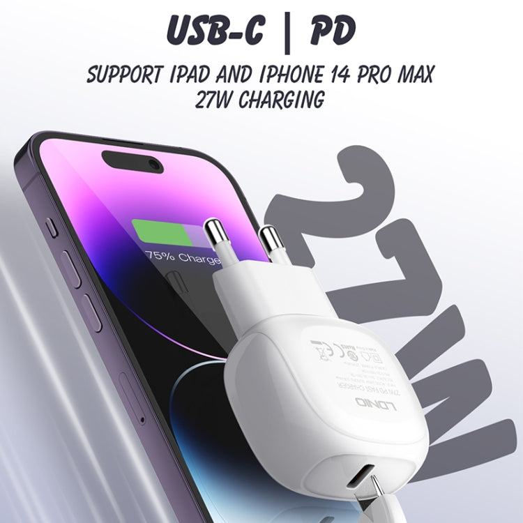 LDNIO A1206C PD27W USB-C / Type-C Fast Charger with 1m 8 Pin Cable, Plug Type:EU Plug(White) - USB Charger by LDNIO | Online Shopping South Africa | PMC Jewellery | Buy Now Pay Later Mobicred