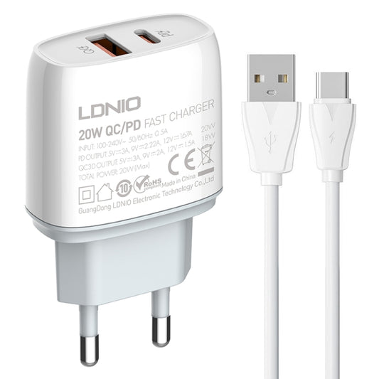 LDNIO Q229 QC3.0 / PD20W USB + Type-C Fast Charger with 1m USB to Type-C Cable, Plug Type:EU Plug(White) - USB Charger by LDNIO | Online Shopping South Africa | PMC Jewellery | Buy Now Pay Later Mobicred