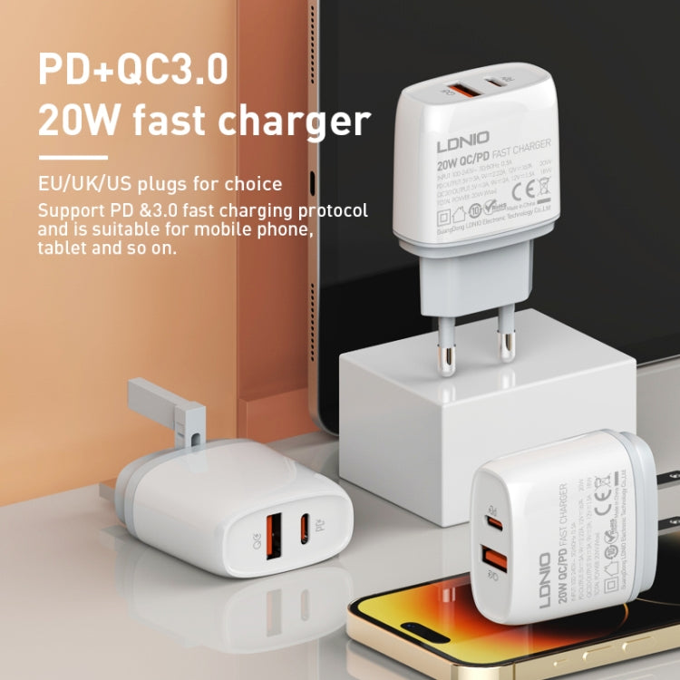 LDNIO Q229 QC3.0 / PD20W USB + Type-C Fast Charger with 1m USB to Type-C Cable, Plug Type:EU Plug(White) - USB Charger by LDNIO | Online Shopping South Africa | PMC TechLife | Buy Now Pay Later Mobicred