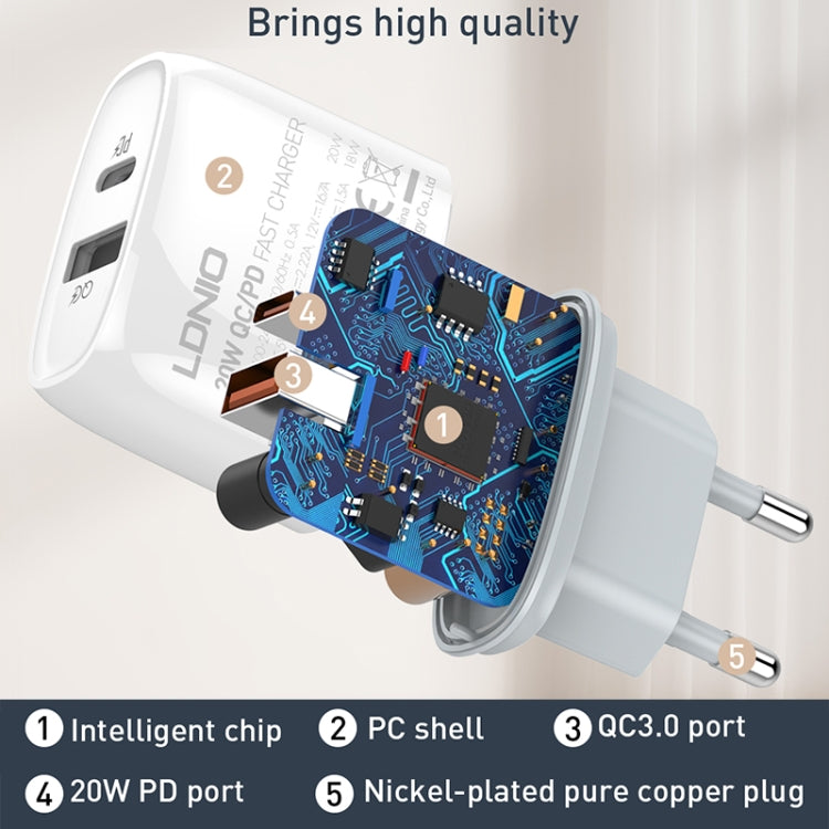 LDNIO Q229 QC3.0 / PD20W USB + Type-C Fast Charger with 1m USB to Type-C Cable, Plug Type:EU Plug(White) - USB Charger by LDNIO | Online Shopping South Africa | PMC TechLife | Buy Now Pay Later Mobicred