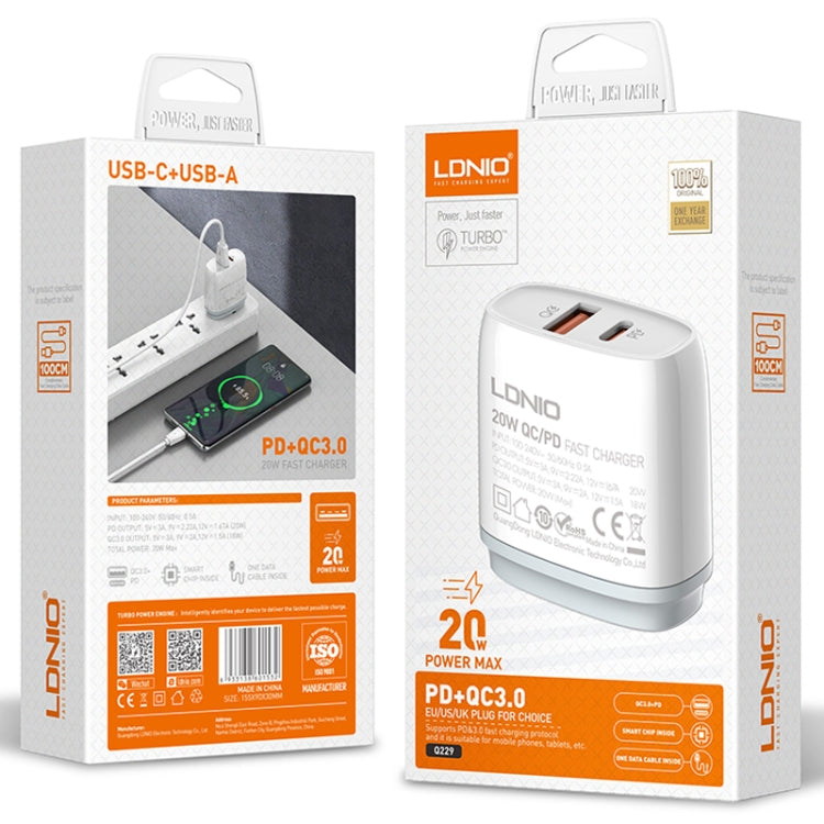 LDNIO Q229 QC3.0 / PD20W USB + Type-C Fast Charger with 1m Type-C to 8 Pin Cable, Plug Type:EU Plug(White) - free shipping - PMC Jewellery - Order now!