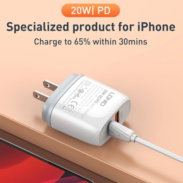 LDNIO Q229 QC3.0 / PD20W USB + Type-C Fast Charger with 1m Type-C to 8 Pin Cable, Plug Type:EU Plug(White) - free shipping - PMC Jewellery - Order now!