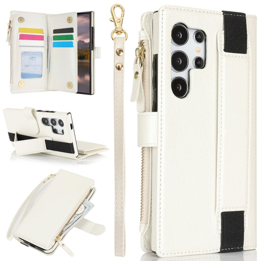 For Samsung Galaxy S24 Ultra 5G Wristband Holder Zipper Purse RFID Leather Phone Case(White) - Galaxy S24 Ultra 5G Cases by PMC Jewellery | Online Shopping South Africa | PMC Jewellery | Buy Now Pay Later Mobicred