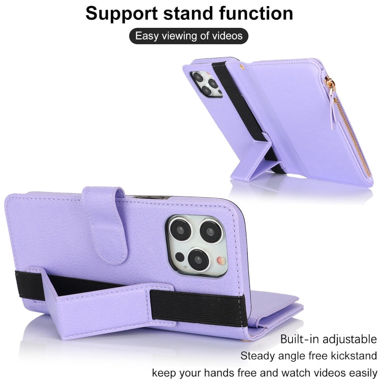 For iPhone 16 Pro Wristband Holder Zipper Purse RFID Leather Phone Case(Purple) - iPhone 16 Pro Cases by PMC Jewellery | Online Shopping South Africa | PMC Jewellery | Buy Now Pay Later Mobicred