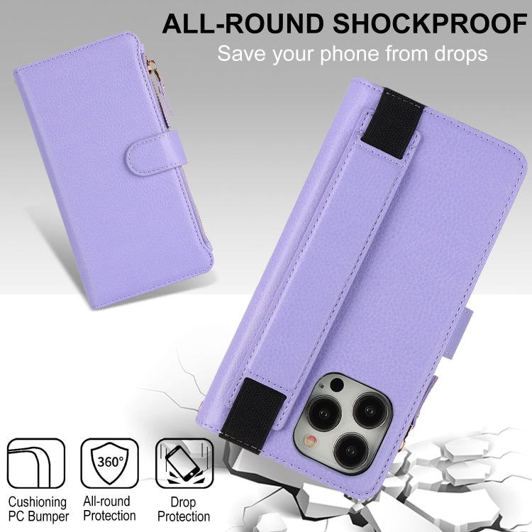 For iPhone 16 Pro Wristband Holder Zipper Purse RFID Leather Phone Case(Purple) - iPhone 16 Pro Cases by PMC Jewellery | Online Shopping South Africa | PMC Jewellery | Buy Now Pay Later Mobicred