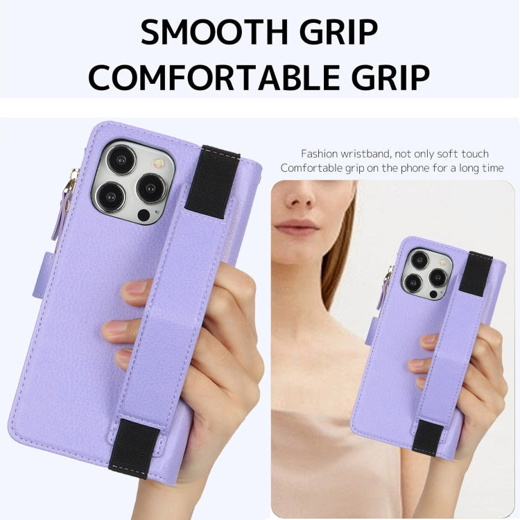 For iPhone 16 Pro Wristband Holder Zipper Purse RFID Leather Phone Case(Purple) - iPhone 16 Pro Cases by PMC Jewellery | Online Shopping South Africa | PMC Jewellery | Buy Now Pay Later Mobicred