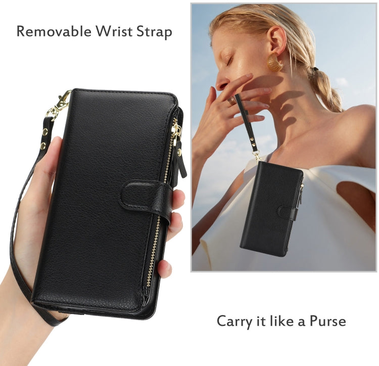 For iPhone 16 Pro Max Wristband Holder Zipper Purse RFID Leather Phone Case(Black) -  by PMC TechLife | Online Shopping South Africa | PMC TechLife | Buy Now Pay Later Mobicred