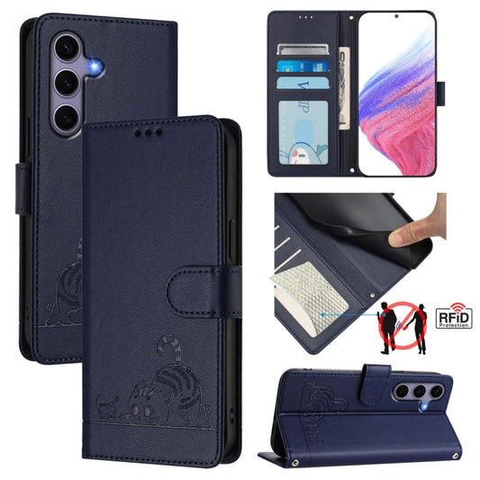 For Samsung Galaxy S25 5G Cat Rat Embossed RFID Leather Phone Case with Lanyard(Blue) - Galaxy S25 5G Cases by PMC Jewellery | Online Shopping South Africa | PMC Jewellery | Buy Now Pay Later Mobicred