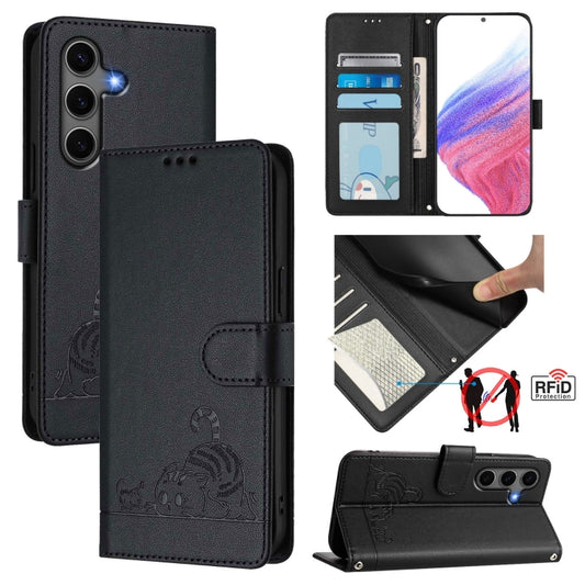 For Samsung Galaxy S25+ 5G Cat Rat Embossed RFID Leather Phone Case with Lanyard(Black) - Galaxy S25+ 5G Cases by PMC Jewellery | Online Shopping South Africa | PMC Jewellery | Buy Now Pay Later Mobicred