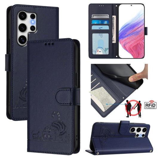 For Samsung Galaxy S25 Ultra 5G Cat Rat Embossed RFID Leather Phone Case with Lanyard(Blue) - Galaxy S25 Ultra 5G Cases by PMC Jewellery | Online Shopping South Africa | PMC Jewellery | Buy Now Pay Later Mobicred