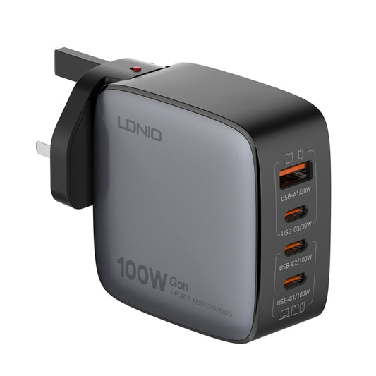 LDNIO Q408 100W GaN USB+3 USB-C / Type-C Interface Charger with 1m 100W USB-C / Type-C to USB-C / Type-C Data Cable, Plug Type:UK Plug(Black) - USB Charger by LDNIO | Online Shopping South Africa | PMC Jewellery | Buy Now Pay Later Mobicred