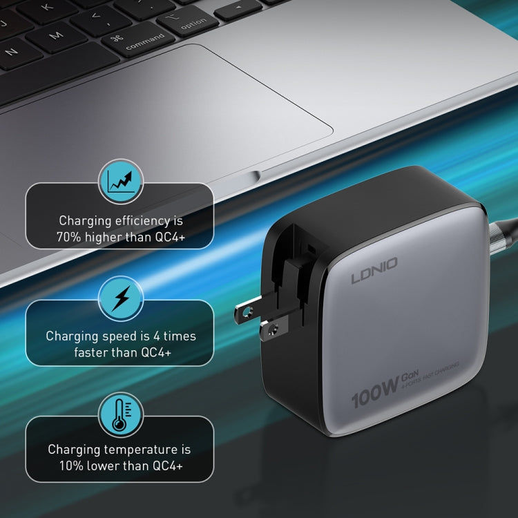 LDNIO Q408 100W GaN USB+3 USB-C / Type-C Interface Charger with 1m 100W USB-C / Type-C to USB-C / Type-C Data Cable, Plug Type:EU Plug(Black) - free shipping - PMC Jewellery - Order now!