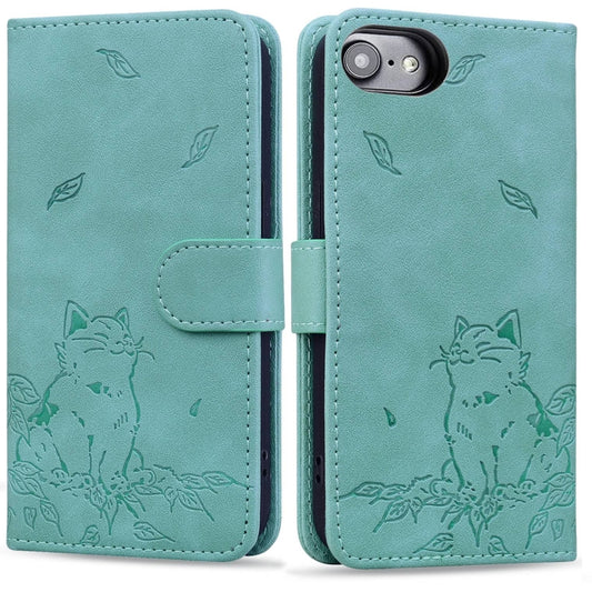 For iPhone 16e Cute Cat Embossed Leather Phone Case(Green) - iPhone 16e Cases by PMC Jewellery | Online Shopping South Africa | PMC Jewellery | Buy Now Pay Later Mobicred