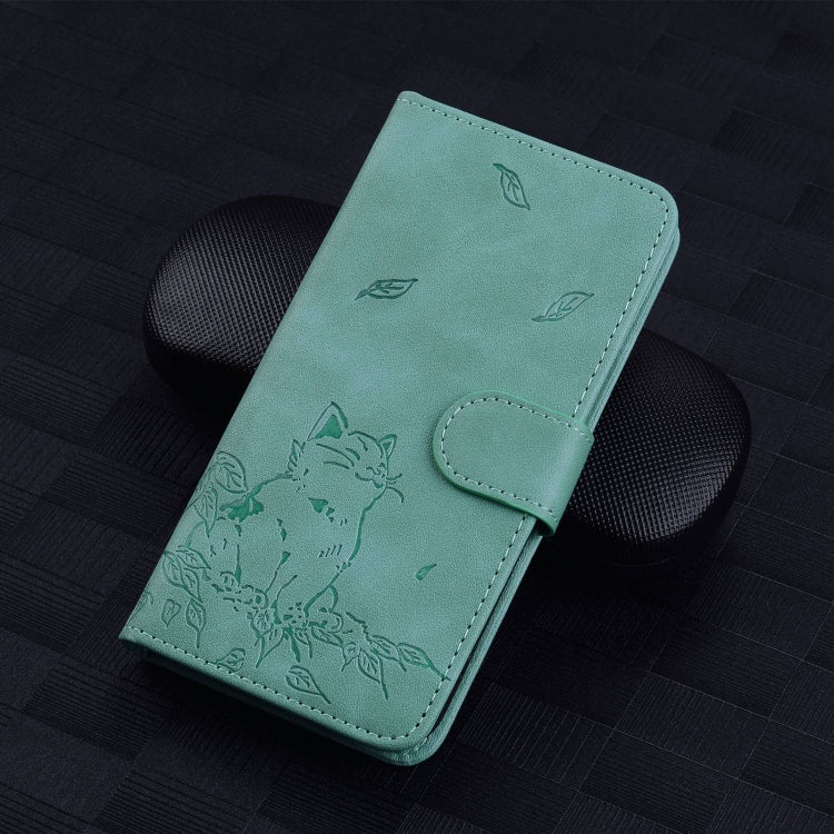 For iPhone 16e Cute Cat Embossed Leather Phone Case(Green) - iPhone 16e Cases by PMC TechLife | Online Shopping South Africa | PMC TechLife | Buy Now Pay Later Mobicred
