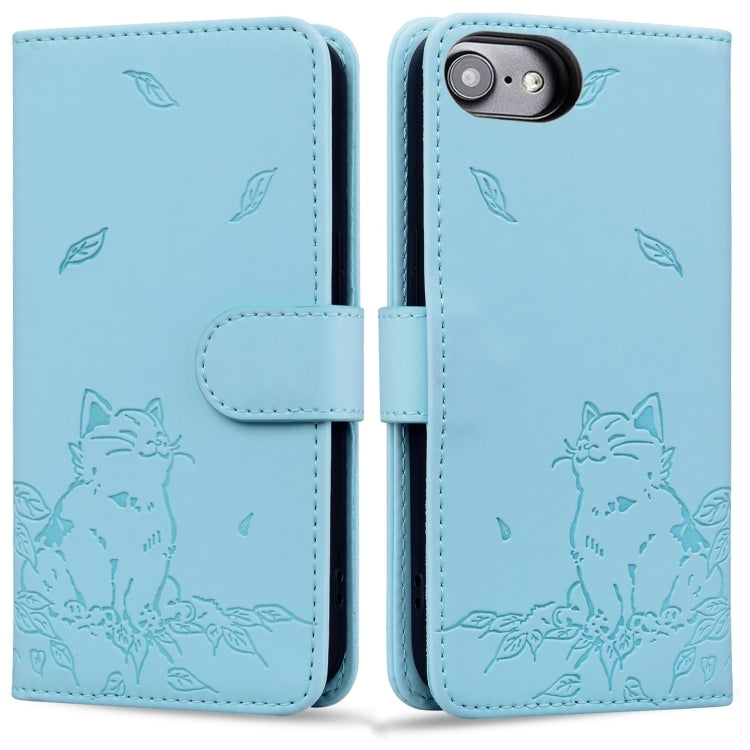 For iPhone 16e Cute Cat Embossed Leather Phone Case(Sky Blue) - iPhone 16e Cases by PMC TechLife | Online Shopping South Africa | PMC TechLife | Buy Now Pay Later Mobicred
