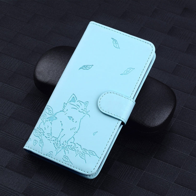 For iPhone 16e Cute Cat Embossed Leather Phone Case(Sky Blue) - iPhone 16e Cases by PMC TechLife | Online Shopping South Africa | PMC TechLife | Buy Now Pay Later Mobicred