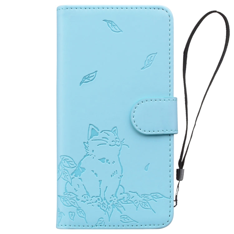 For iPhone 16e Cute Cat Embossed Leather Phone Case(Sky Blue) - iPhone 16e Cases by PMC TechLife | Online Shopping South Africa | PMC TechLife | Buy Now Pay Later Mobicred