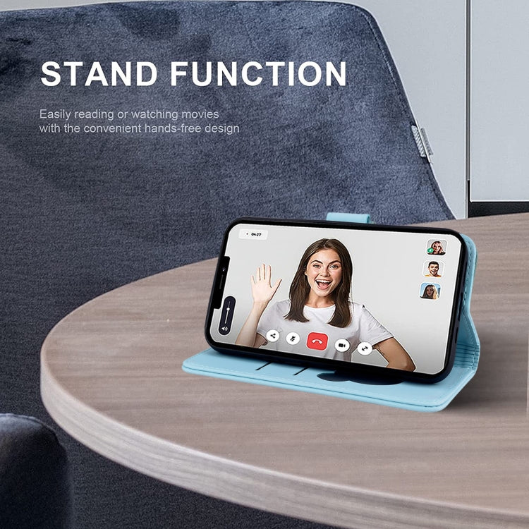 For iPhone 16e Cute Cat Embossed Leather Phone Case(Sky Blue) - iPhone 16e Cases by PMC TechLife | Online Shopping South Africa | PMC TechLife | Buy Now Pay Later Mobicred