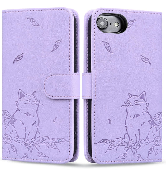 For iPhone 16e Cute Cat Embossed Leather Phone Case(Purple) - iPhone 16e Cases by PMC Jewellery | Online Shopping South Africa | PMC Jewellery | Buy Now Pay Later Mobicred