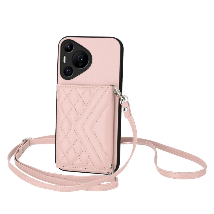 For Huawei Pura 70 Pro / 70 Pro+ Rhombic Texture Card Bag RFID Phone Case with Long Lanyard(Rose Gold) - Huawei Cases by PMC Jewellery | Online Shopping South Africa | PMC Jewellery | Buy Now Pay Later Mobicred