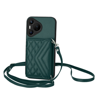 For Huawei Pura 70 Rhombic Texture Card Bag RFID Phone Case with Long Lanyard(Green) - Huawei Cases by PMC Jewellery | Online Shopping South Africa | PMC Jewellery | Buy Now Pay Later Mobicred