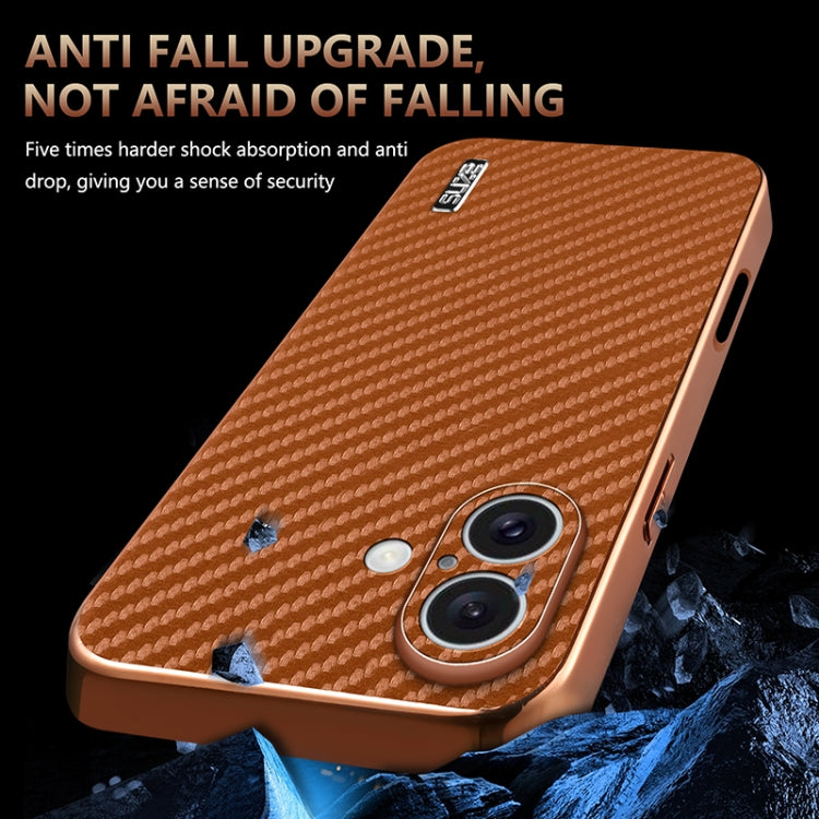 For iPhone 16 Plus AZNS Electroplated Edge Carbon Fiber Texture Phone Case(Brown) - free shipping - PMC Jewellery - Order now!