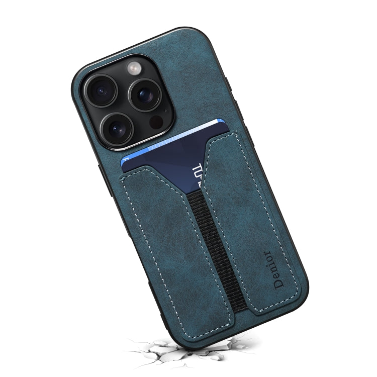 For iPhone 16 Plus Denior D07 DV Elastic Card Slot PU Back Cover Phone Case(Blue) - iPhone 16 Plus Cases by Denior | Online Shopping South Africa | PMC Jewellery | Buy Now Pay Later Mobicred