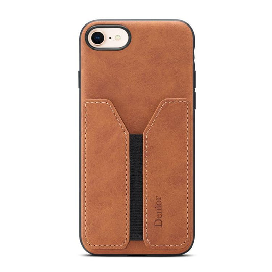 For iPhone 16e Denior D07 DV Elastic Card Slot PU Back Cover Phone Case(Brown) - iPhone 16e Cases by Denior | Online Shopping South Africa | PMC Jewellery | Buy Now Pay Later Mobicred