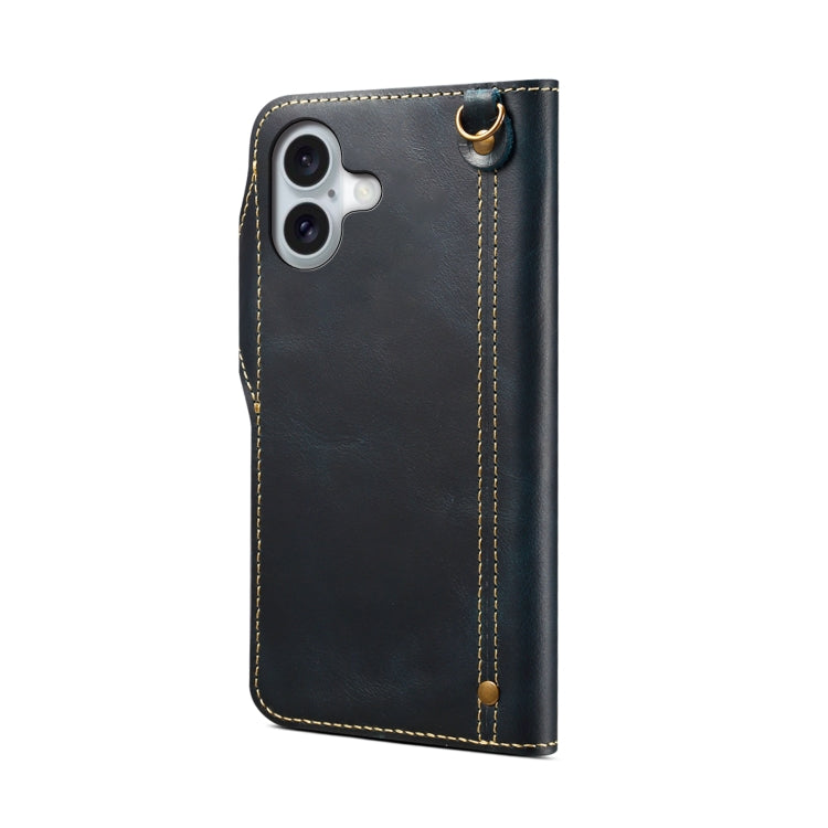 For iPhone 16 Denior B01 Oil Wax Cowhide Magnetic Button Genuine Leather Case(Blue) - iPhone 16 Cases by Denior | Online Shopping South Africa | PMC Jewellery | Buy Now Pay Later Mobicred