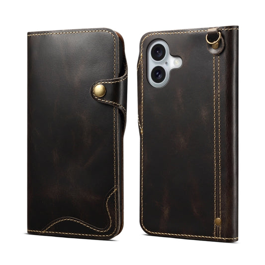 For iPhone 16 Plus Denior B01 Oil Wax Cowhide Magnetic Button Genuine Leather Case(Black) - iPhone 16 Plus Cases by Denior | Online Shopping South Africa | PMC Jewellery | Buy Now Pay Later Mobicred