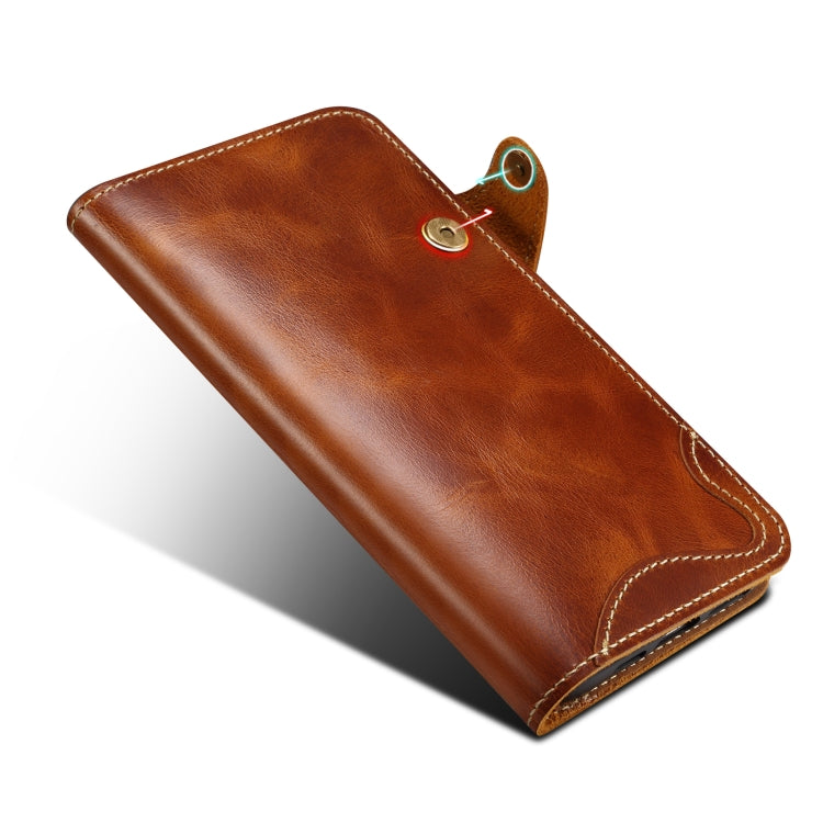 For iPhone 16 Plus Denior B01 Oil Wax Cowhide Magnetic Button Genuine Leather Case(Brown) - iPhone 16 Plus Cases by Denior | Online Shopping South Africa | PMC Jewellery | Buy Now Pay Later Mobicred