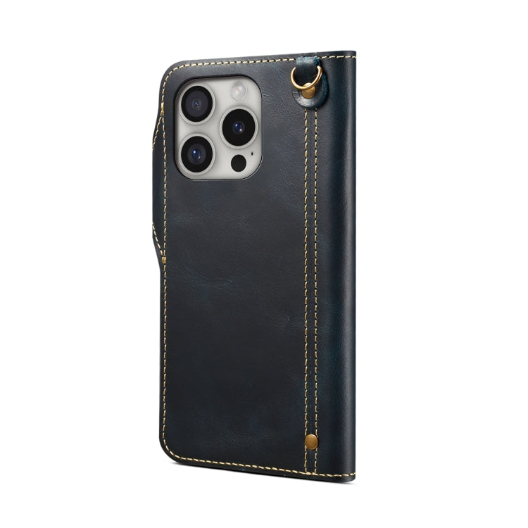 For iPhone 16 Pro Denior B01 Oil Wax Cowhide Magnetic Button Genuine Leather Case(Blue) - iPhone 16 Pro Cases by Denior | Online Shopping South Africa | PMC Jewellery | Buy Now Pay Later Mobicred