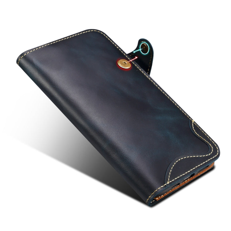 For iPhone 16 Pro Max Denior B01 Oil Wax Cowhide Magnetic Button Genuine Leather Case(Blue) - free shipping - PMC Jewellery - Order now!