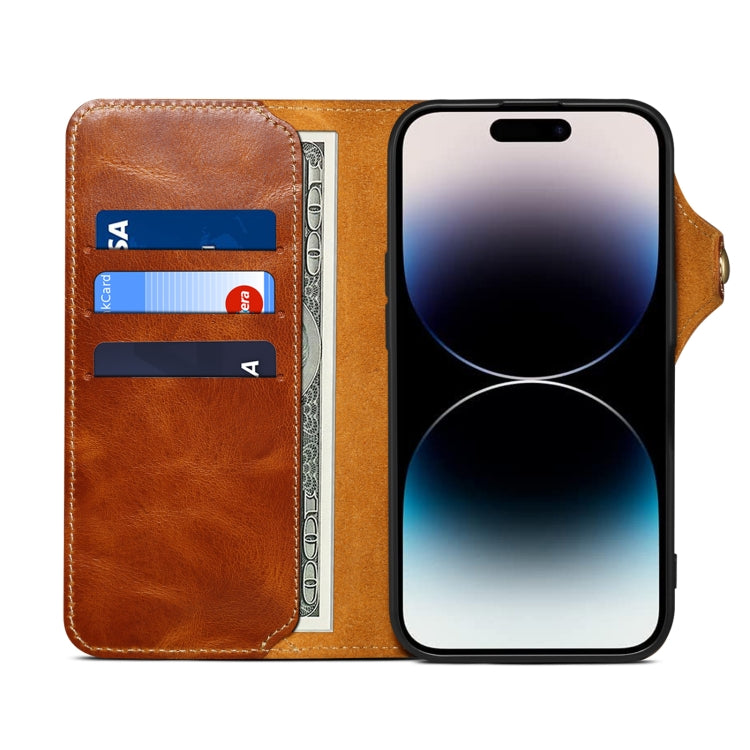 For iPhone 16 Pro Max Denior B01 Oil Wax Cowhide Magnetic Button Genuine Leather Case(Brown) - iPhone 16 Pro Max Cases by Denior | Online Shopping South Africa | PMC Jewellery | Buy Now Pay Later Mobicred