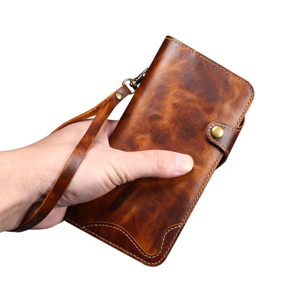 For iPhone 16 Pro Denior B01 Oil Wax Cowhide Magnetic Button Genuine Leather Case(Brown) - iPhone 16 Pro Cases by Denior | Online Shopping South Africa | PMC Jewellery | Buy Now Pay Later Mobicred