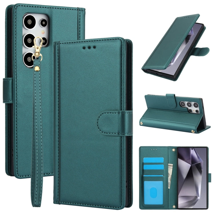 For Samsung Galaxy S25 Ultra 5G Skin Feel Pure Color Card Slots Leather Phone Case with Dual Lanyard(Green) - Galaxy S25 Ultra 5G Cases by PMC Jewellery | Online Shopping South Africa | PMC Jewellery | Buy Now Pay Later Mobicred