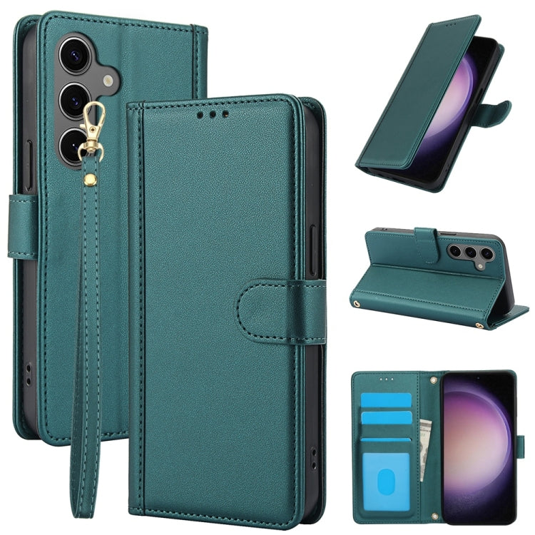 For Samsung Galaxy S25 5G Skin Feel Pure Color Card Slots Leather Phone Case with Dual Lanyard(Green) - Galaxy S25 5G Cases by PMC Jewellery | Online Shopping South Africa | PMC Jewellery | Buy Now Pay Later Mobicred