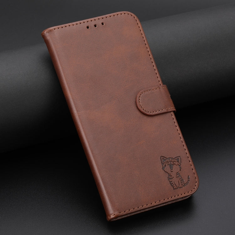 For Samsung Galaxy S25 5G Embossed Happy Cat Pattern Flip Leather Phone Case(Brown) - Galaxy S25 5G Cases by PMC Jewellery | Online Shopping South Africa | PMC Jewellery | Buy Now Pay Later Mobicred