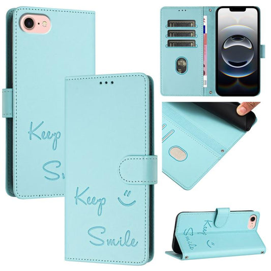 For iPhone 16e Smile Embossing RFID Leather Phone Case(Mint Green) - iPhone 16e Cases by PMC Jewellery | Online Shopping South Africa | PMC Jewellery | Buy Now Pay Later Mobicred