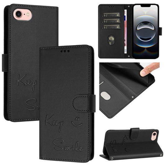 For iPhone 16e Smile Embossing RFID Leather Phone Case(Black) - iPhone 16e Cases by PMC Jewellery | Online Shopping South Africa | PMC Jewellery | Buy Now Pay Later Mobicred