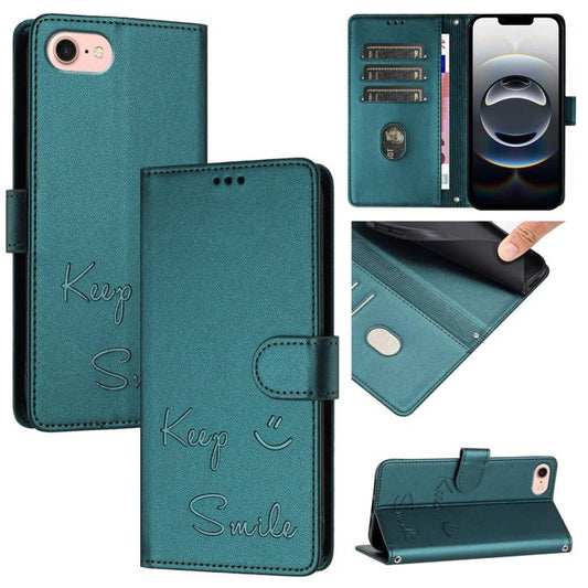 For iPhone 16e Smile Embossing RFID Leather Phone Case(Peacock Green) - iPhone 16e Cases by PMC Jewellery | Online Shopping South Africa | PMC Jewellery | Buy Now Pay Later Mobicred