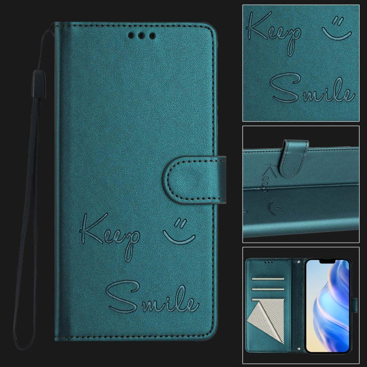 For iPhone 16e Smile Embossing RFID Leather Phone Case(Peacock Green) - iPhone 16e Cases by PMC TechLife | Online Shopping South Africa | PMC TechLife | Buy Now Pay Later Mobicred